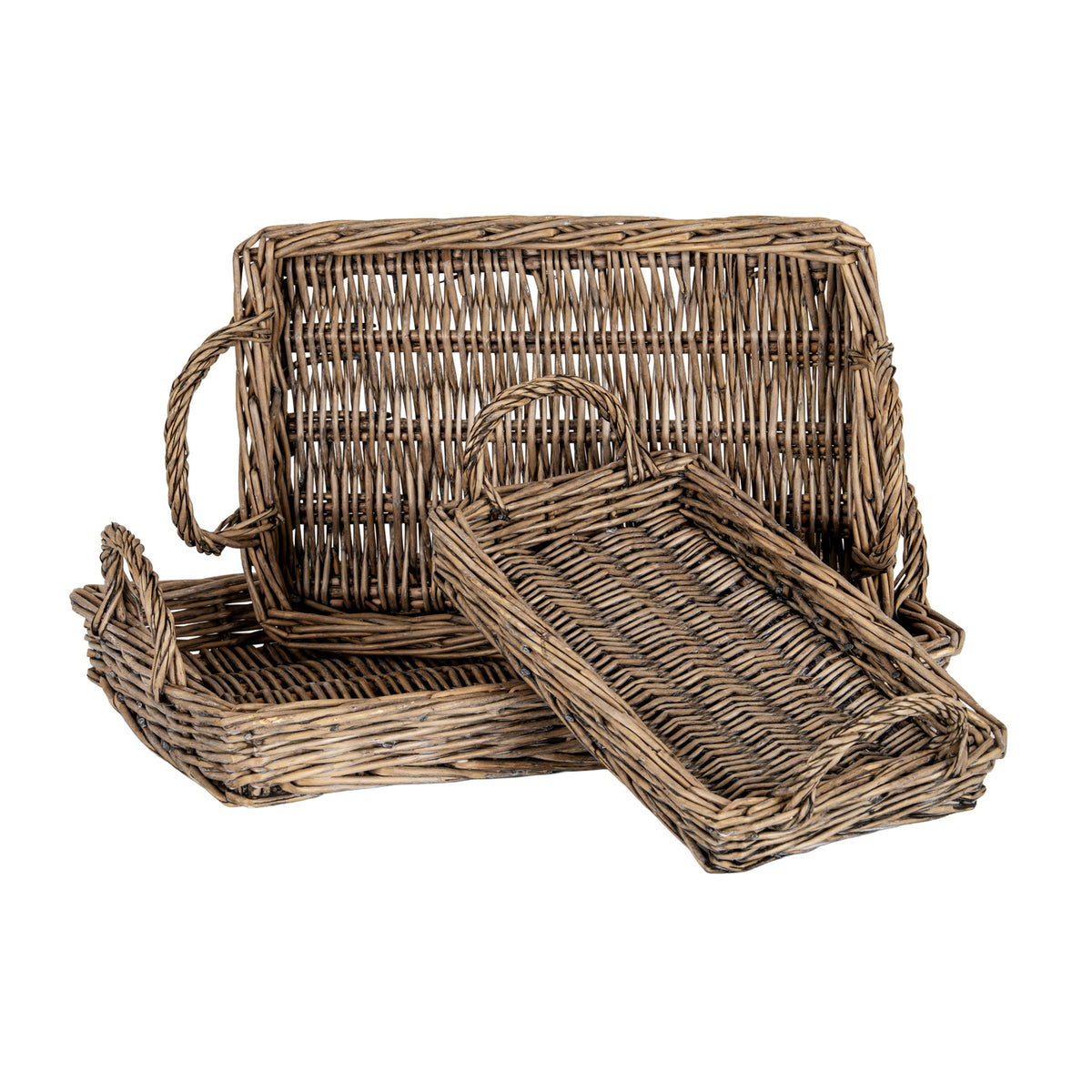 Three brown rectangular woven trays with raised rims and loop handles, arranged with one upright at the back, one flat beneath it and a smaller tray angled in front.