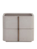 Front view of a cream nightstand with rounded corners, two drawers, slim vertical brass-gold handles and a brown wood-grain top enclosed by a raised rim.