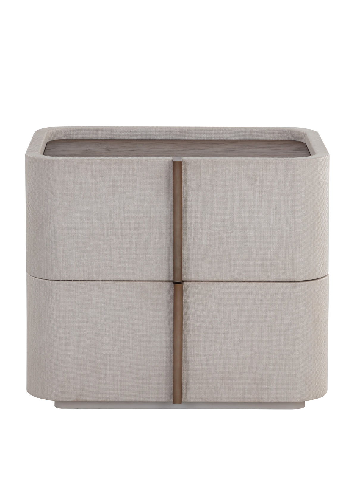 Front view of a cream nightstand with rounded corners, two drawers, slim vertical brass-gold handles and a brown wood-grain top enclosed by a raised rim.