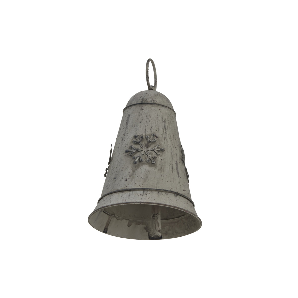 Angled view from below of the snowflake bell decoration, showing its open base, internal clapper and weathered grey surface.
