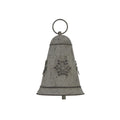 Front view of a distressed pale-grey bell decoration with a raised snowflake, circular top ring and flared base.