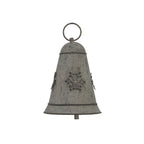 Front view of a distressed pale-grey bell decoration with a raised snowflake, circular top ring and flared base.