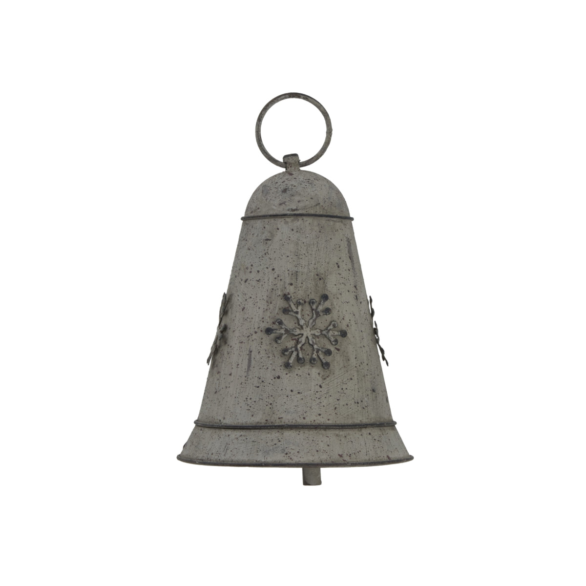 Front view of a distressed pale-grey bell decoration with a raised snowflake, circular top ring and flared base.