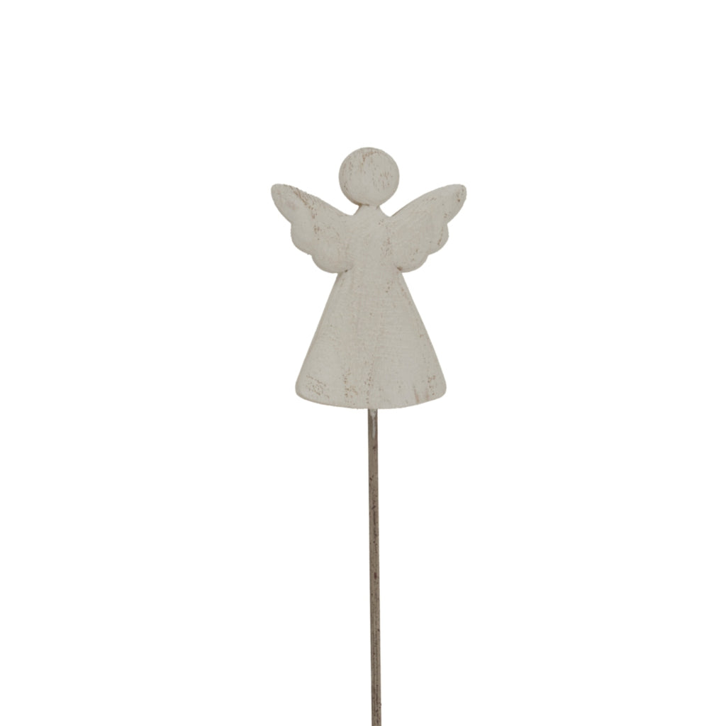 Whitewashed angel with a round head, raised wings and flared body above a long slender stem, against a white background.