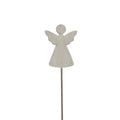 Whitewashed angel with a round head, raised wings and flared body above a long slender stem, against a white background.