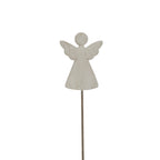 Whitewashed angel with a round head, raised wings and flared body above a long slender stem, against a white background.