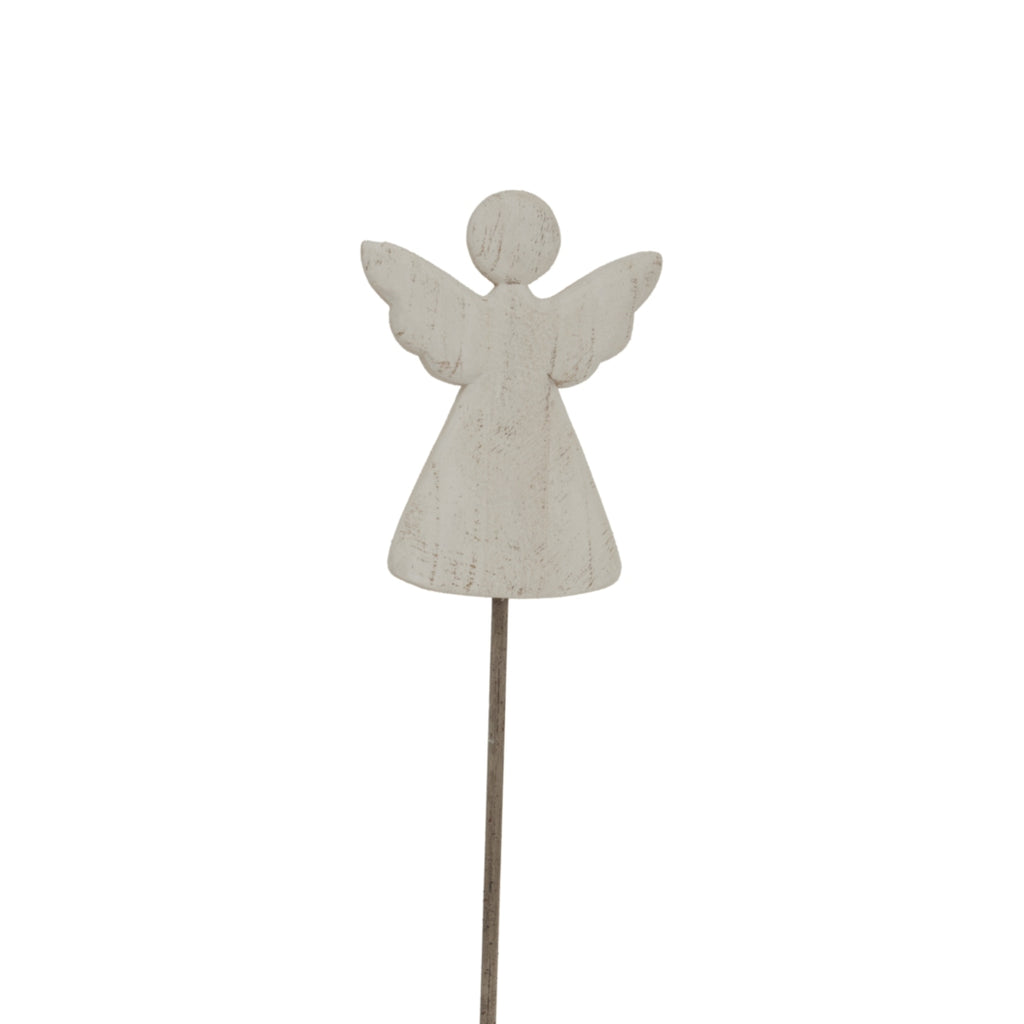 Whitewashed angel with raised wings, a round head and flared body on a slender dark stem against white.