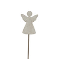 Whitewashed angel with raised wings, a round head and flared body on a slender dark stem against white.