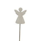 Whitewashed angel with raised wings, a round head and flared body on a slender dark stem against white.