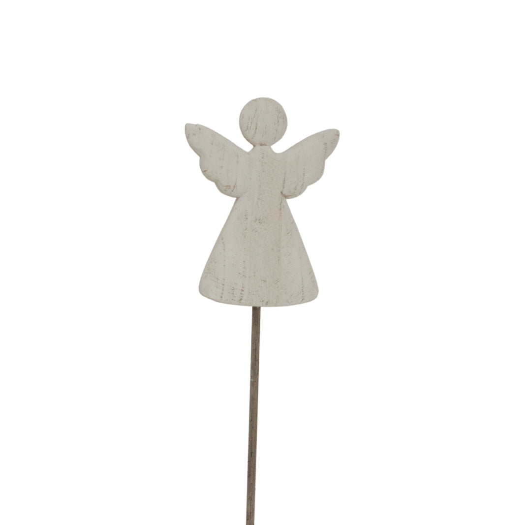 Whitewashed angel with raised wings, a round head and flared body on a slender dark stem against white.