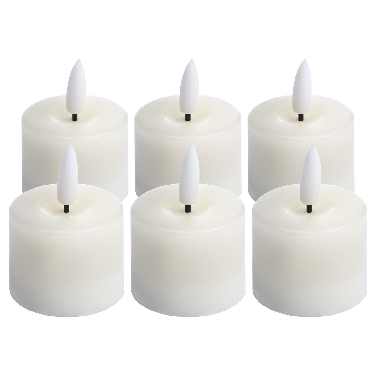 Six white LED tea lights arranged in two rows, each with a recessed top, short black wick and white flame-shaped element.