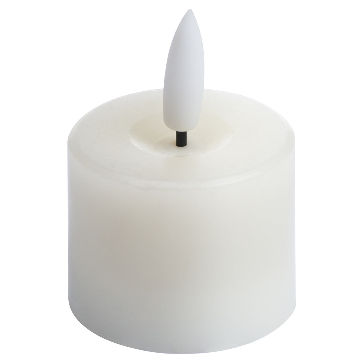 Single unlit white LED tea light viewed from above at an angle, showing its cylindrical body and recessed top around the black wick.