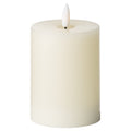 Ivory cylindrical LED candle with a recessed top and white flame-shaped element, shown unlit against a white background.