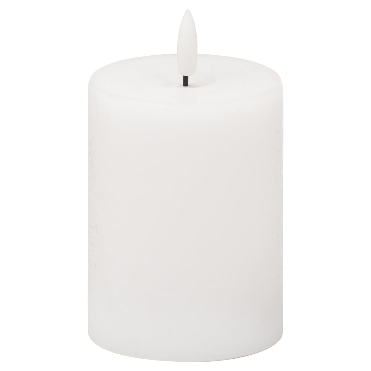 White cylindrical LED candle on a white background, with a smooth surface, rounded top edge and shallow recess holding an unlit white flame-shaped element on a short dark stem.