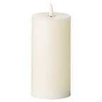 Ivory cylindrical LED candle on a white background, with a recessed circular top and white flame-shaped element.