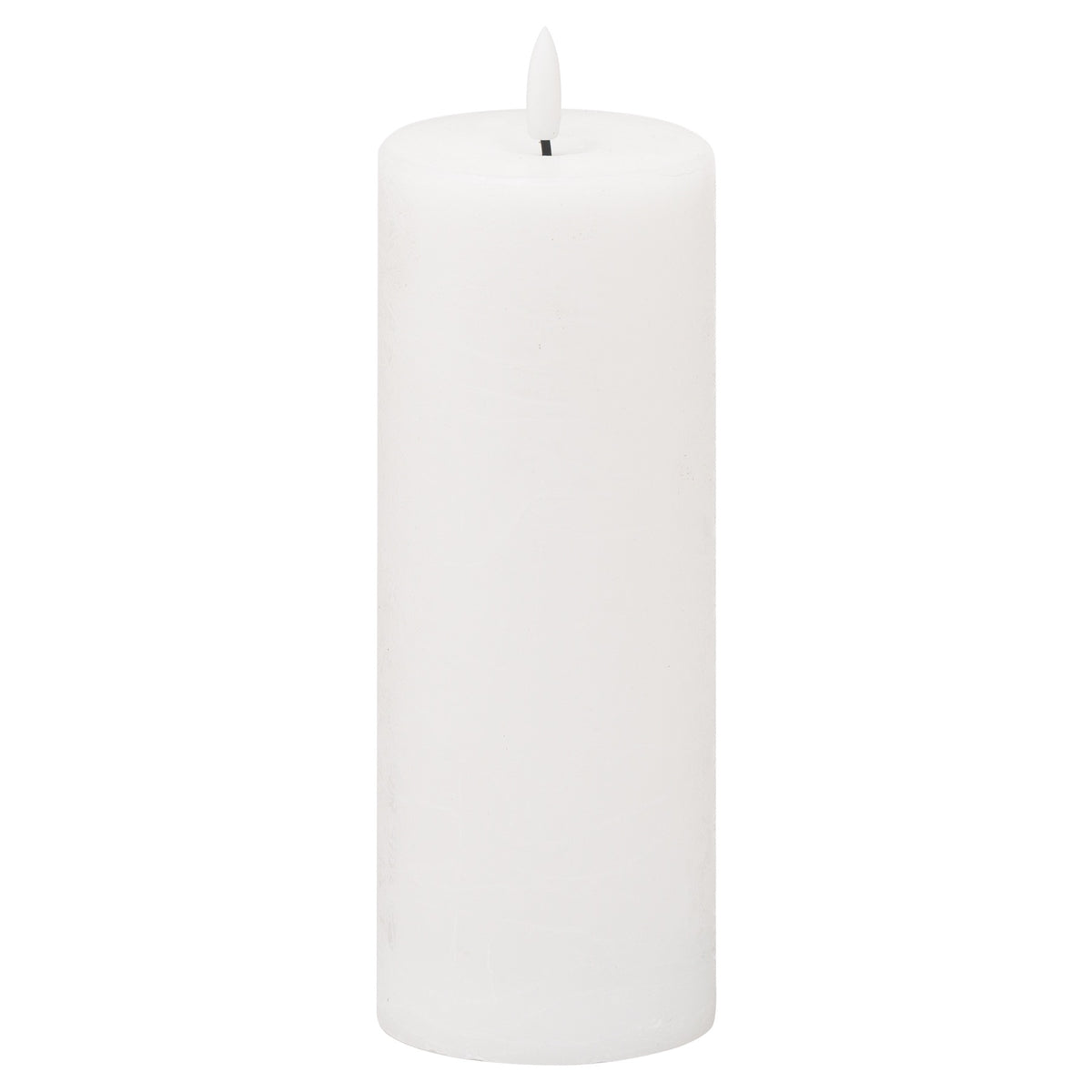 White pillar candle against a white background, showing smooth cylindrical sides, a rounded top edge and an unlit white flame-shaped element on a short dark stem.