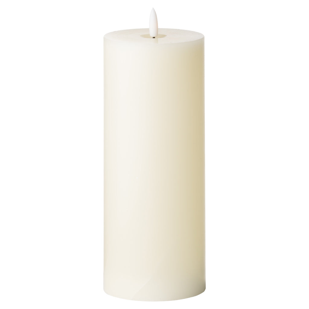 Tall ivory LED candle on a white background, showing plain cylindrical sides, a recessed top and a white flame-shaped element.
