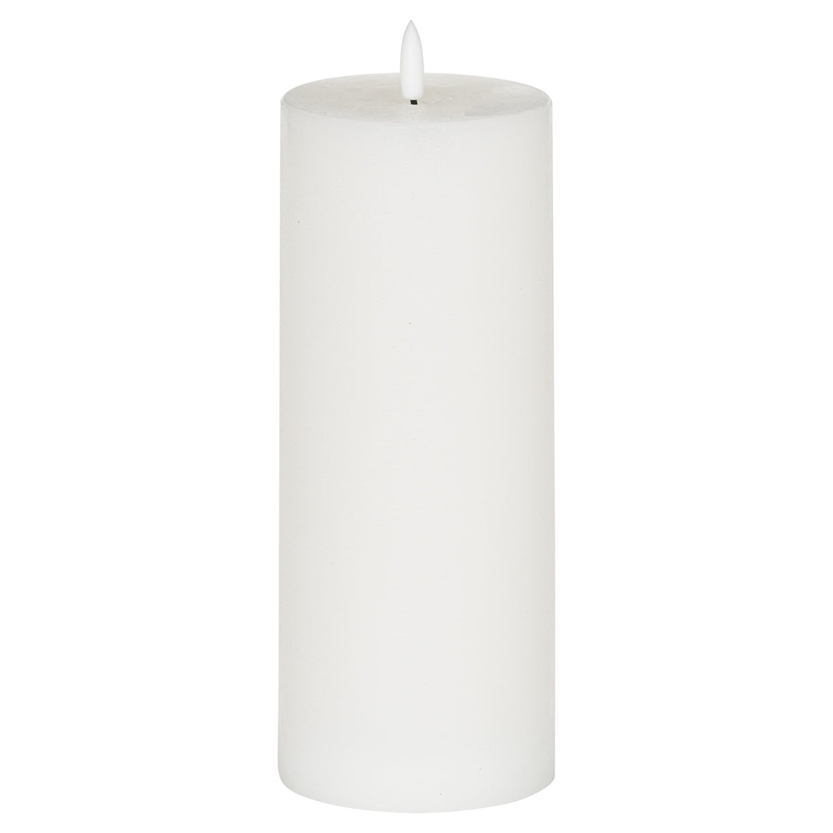 White cylindrical candle shown unlit against a white background, with a softly rounded top edge, shallow recess and white flame-shaped element on a short dark stem.