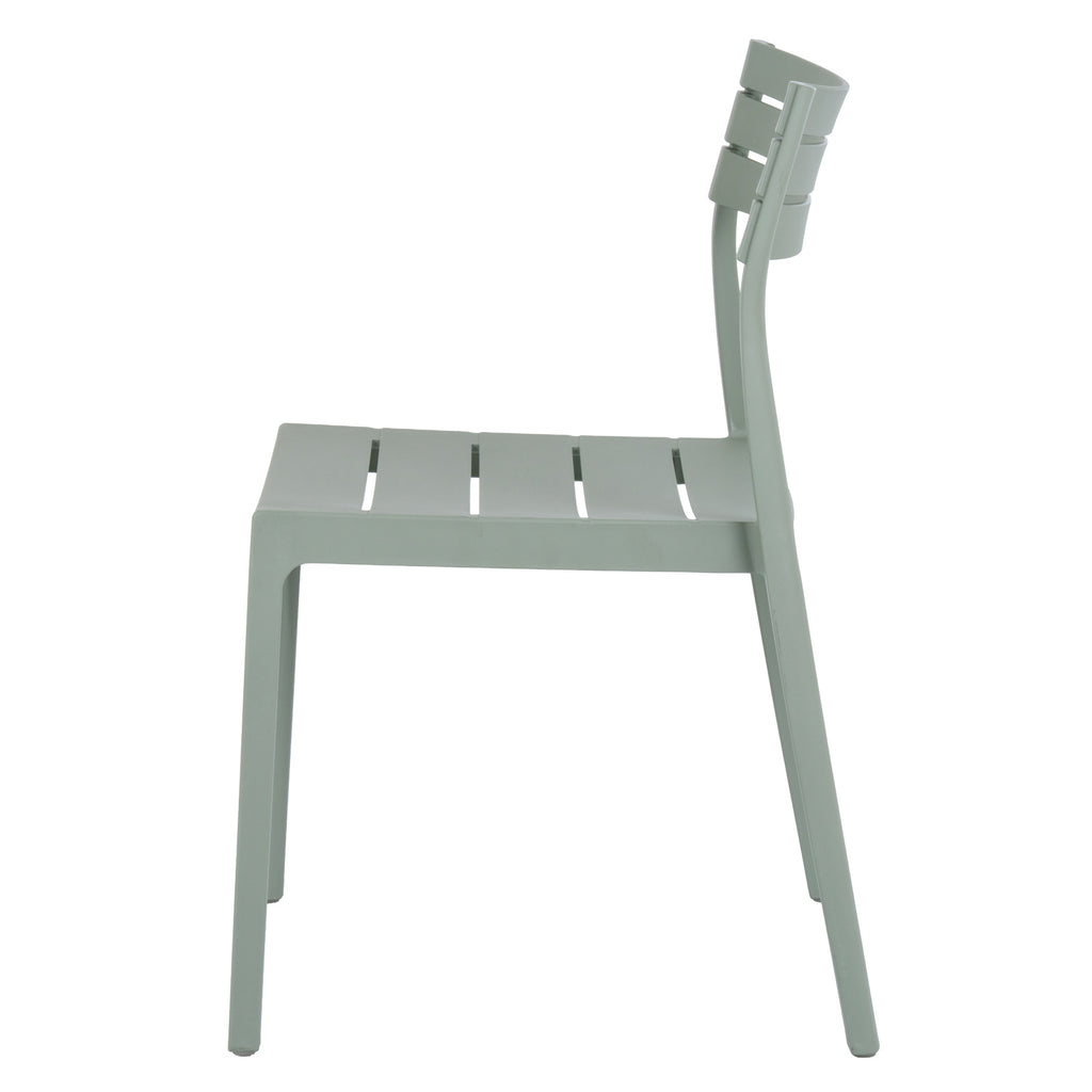 Side view of the green-grey dining chair showing its gently reclined back, curved slats and slightly splayed rear legs.