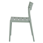 Side view of the green-grey dining chair showing its gently reclined back, curved slats and slightly splayed rear legs.