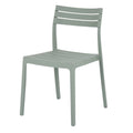 Front three-quarter view of a pale green-grey armless dining chair with three broad back slats, a slatted seat and four slim legs.