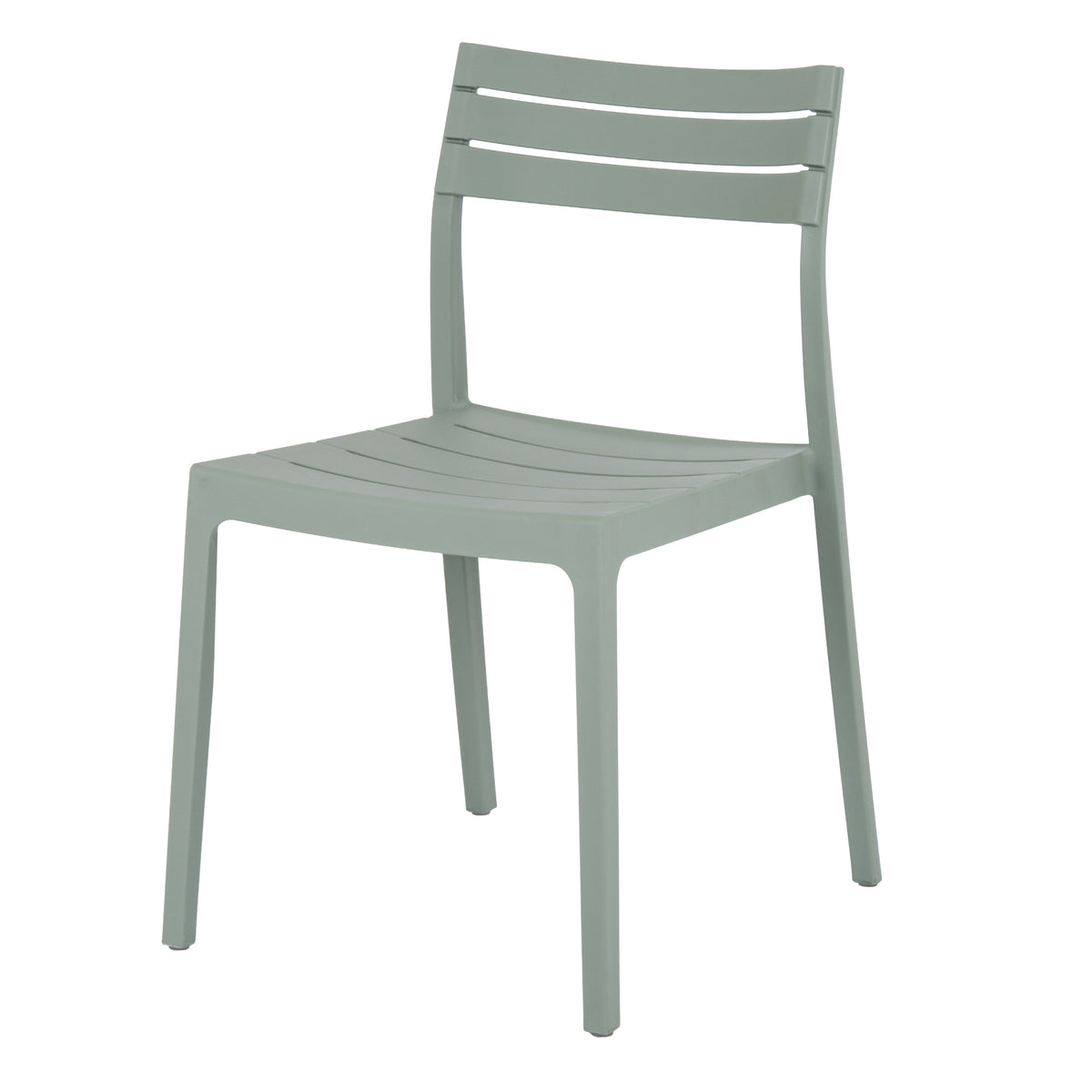 Front three-quarter view of a pale green-grey armless dining chair with three broad back slats, a slatted seat and four slim legs.