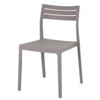 Stone-grey armless dining chair in a front three-quarter view, showing three curved back slats, a slatted seat and four slim legs.