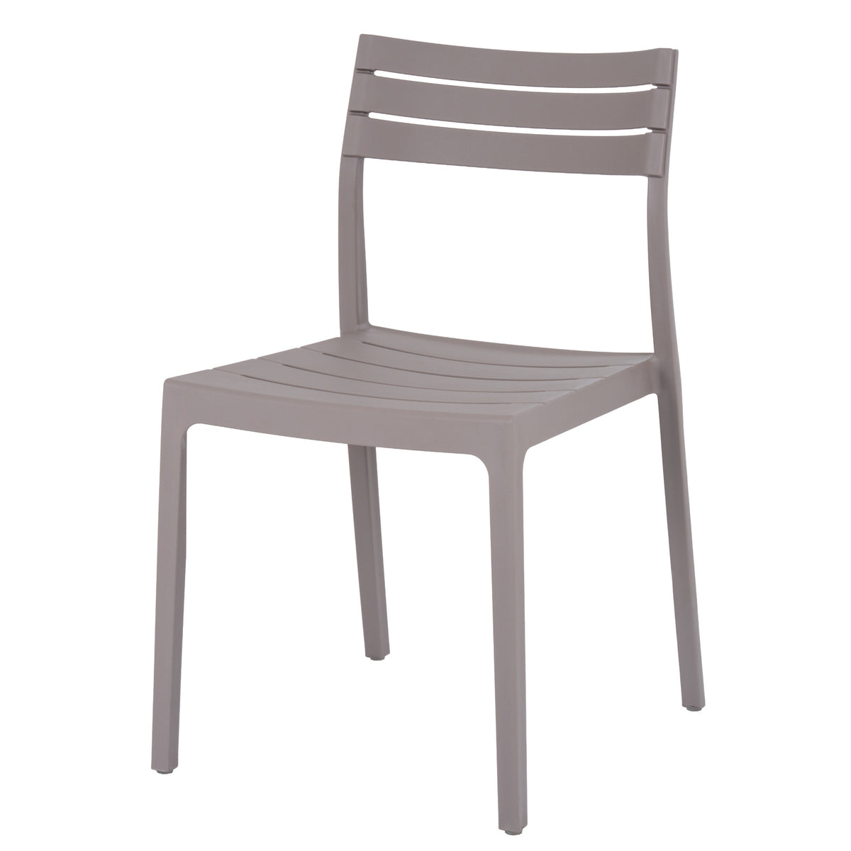 Stone-grey armless dining chair in a front three-quarter view, showing three curved back slats, a slatted seat and four slim legs.