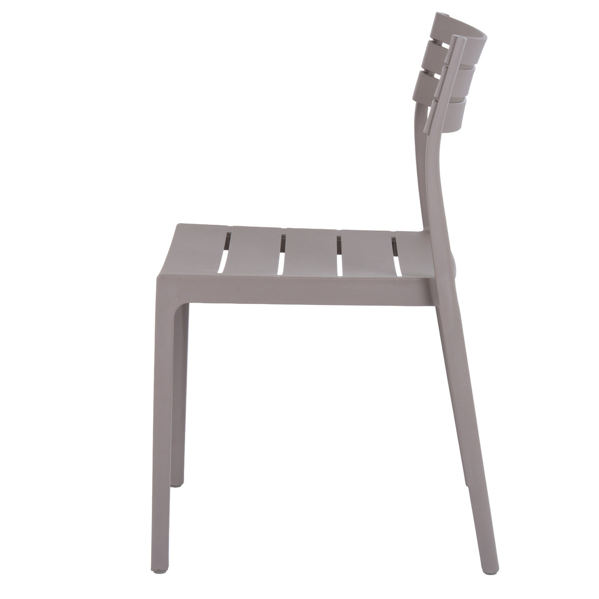 Side view of the grey dining chair, showing the gently reclined back, gaps in the seat and slightly splayed legs.
