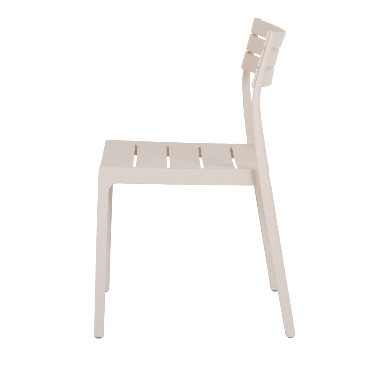 Side view of the pale putty dining chair showing its gently reclined back, curved slats and slightly splayed rear legs.
