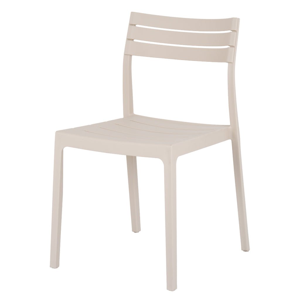Three-quarter front view of a pale putty armless dining chair with three broad back slats, a slatted seat and four slim legs.