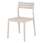 Three-quarter front view of a pale putty armless dining chair with three broad back slats, a slatted seat and four slim legs.