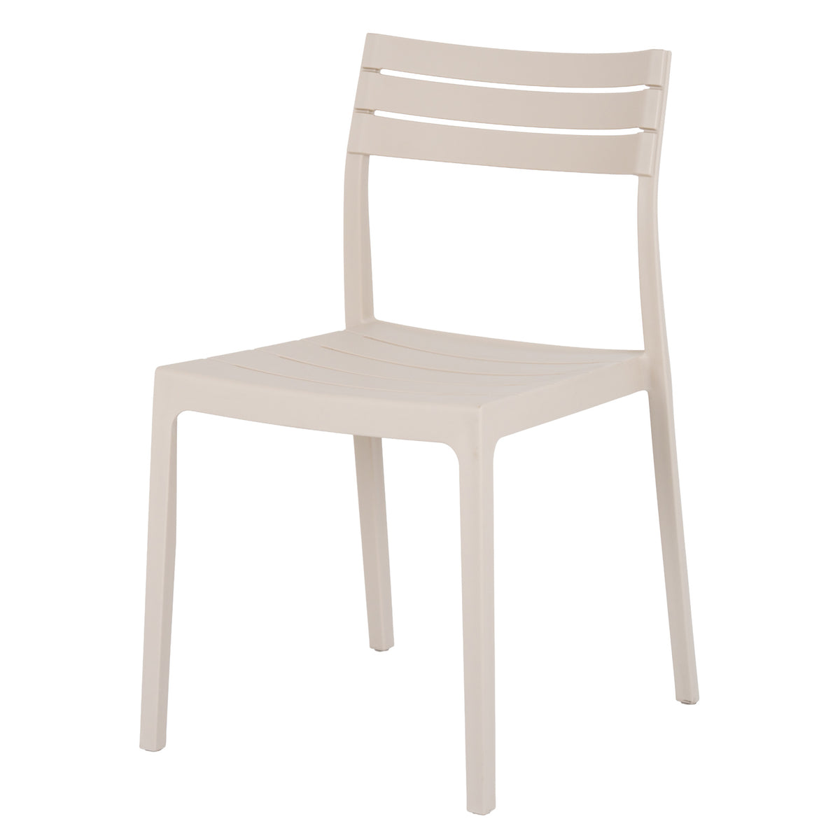 Three-quarter front view of a pale putty armless dining chair with three broad back slats, a slatted seat and four slim legs.