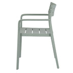 Side view of the green-grey dining chair showing its gently reclined back, long open arms and slatted seat.