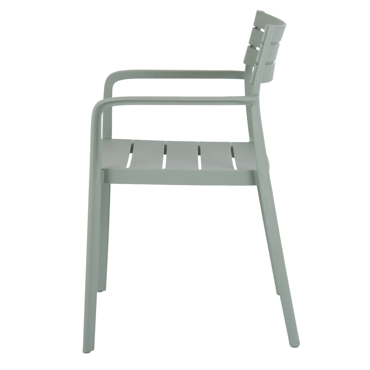 Side view of the green-grey dining chair showing its gently reclined back, long open arms and slatted seat.