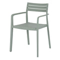Three-quarter front view of a pale green-grey dining chair with three curved back slats, open arms and slim legs.