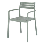 Three-quarter front view of a pale green-grey dining chair with three curved back slats, open arms and slim legs.