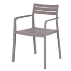 Stone-grey dining chair viewed from the front at an angle, showing three curved back slats, open arms and a slatted seat.