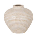 Cream vase with tan rectangular impressions in closely spaced rows, a broad rounded body and a short open circular neck on a white background.