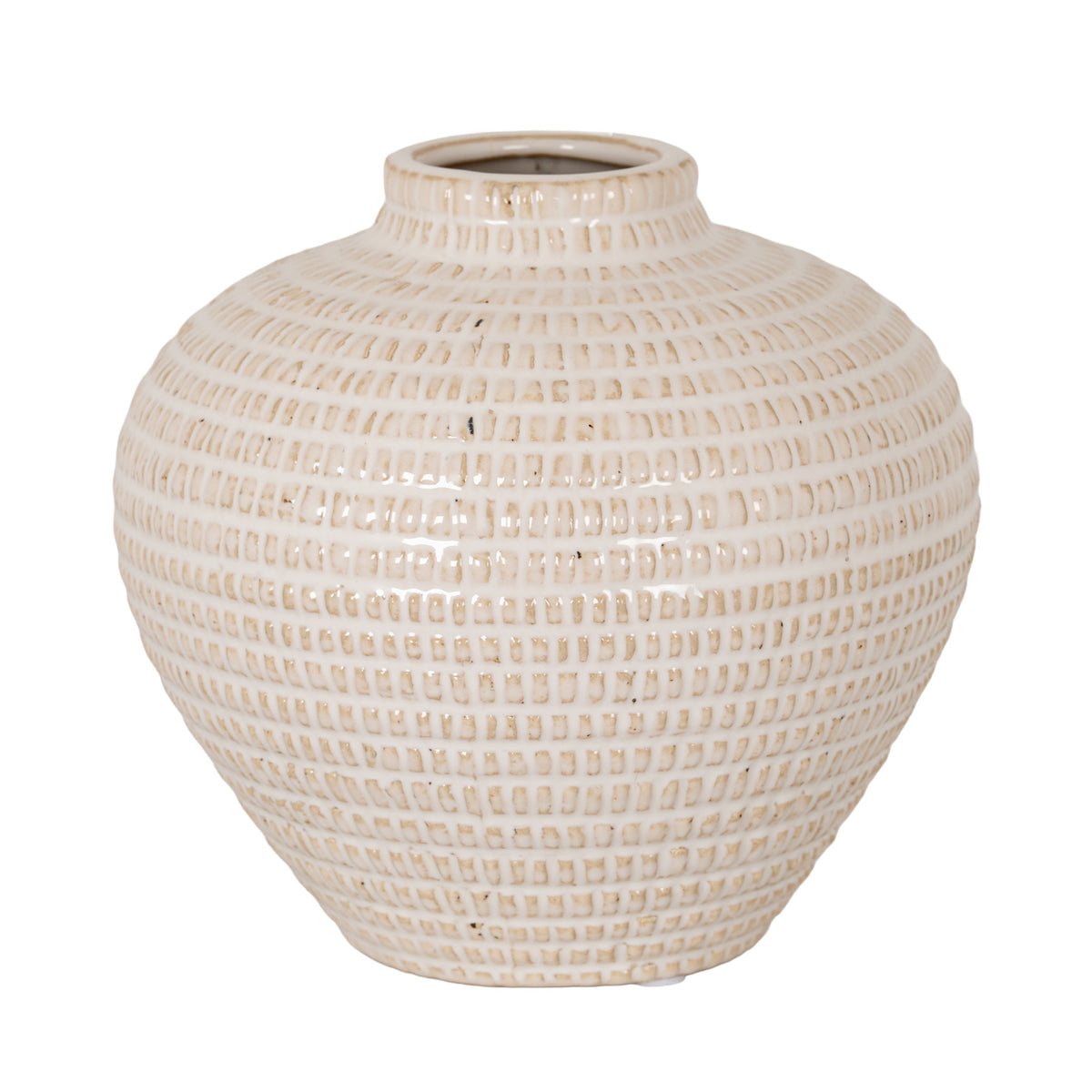 Cream vase with tan rectangular impressions in closely spaced rows, a broad rounded body and a short open circular neck on a white background.