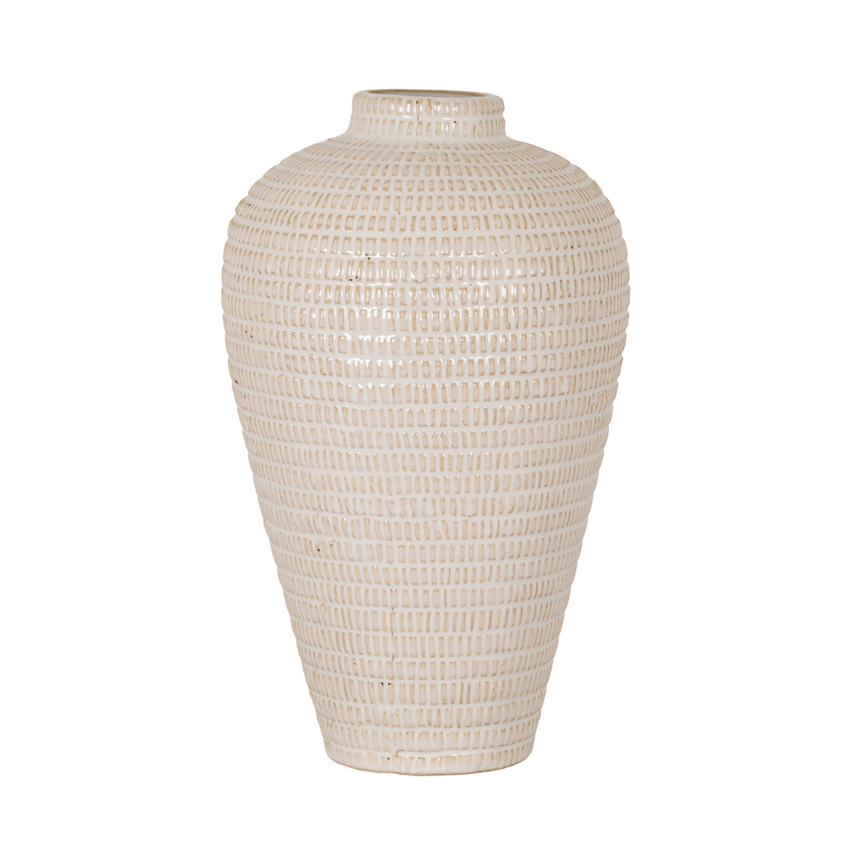 Cream vase on a white background, with a short open neck, rounded shoulders and rows of tan-accented rectangular impressions down its tapered body.
