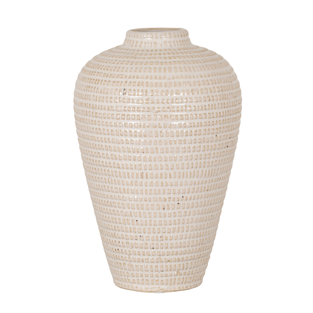 Cream vase with dense rows of tan rectangular impressions, scattered dark specks, rounded shoulders and a tapered body against a white background.