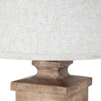 Close-up of the pale shade's woven texture and lower edging above the lamp's warm-brown square shoulder and curved neck.