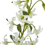 Close-up of white artificial flowers with curled petals, pale green centres and dark-tipped stamens among tapered buds and lined green leaves.