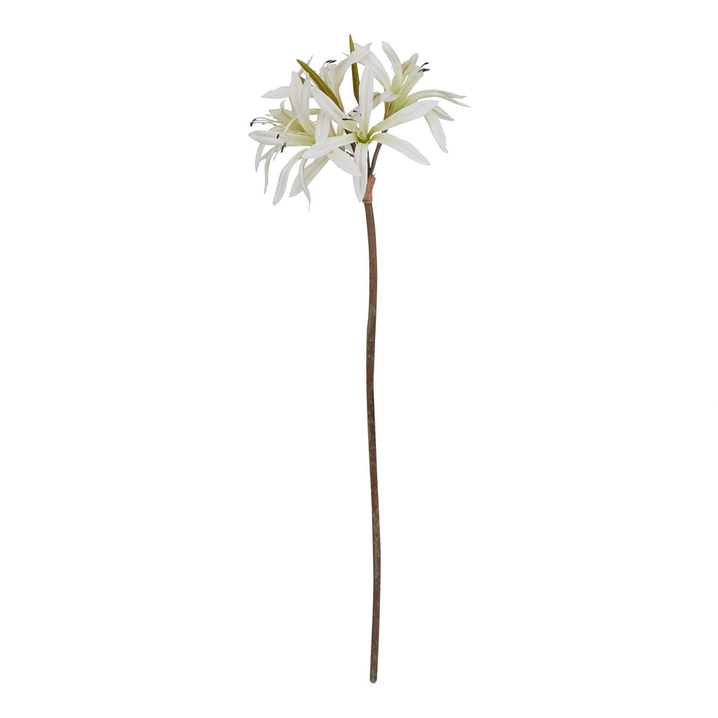 Full view of a long mottled brown-green artificial stem topped with spreading white flowers and upright olive-green buds.