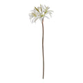 Full view of a long mottled brown-green artificial stem topped with spreading white flowers and upright olive-green buds.