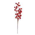 Artificial botanical spray on a white background, with a long bare brown stalk and fine branches carrying glossy red berry-like spheres, several with pointed crowns.