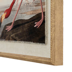 Close-up of the print’s lower right corner, showing the flamingo’s pink feet, textile-like image edge and beaded frame with grain-like markings.