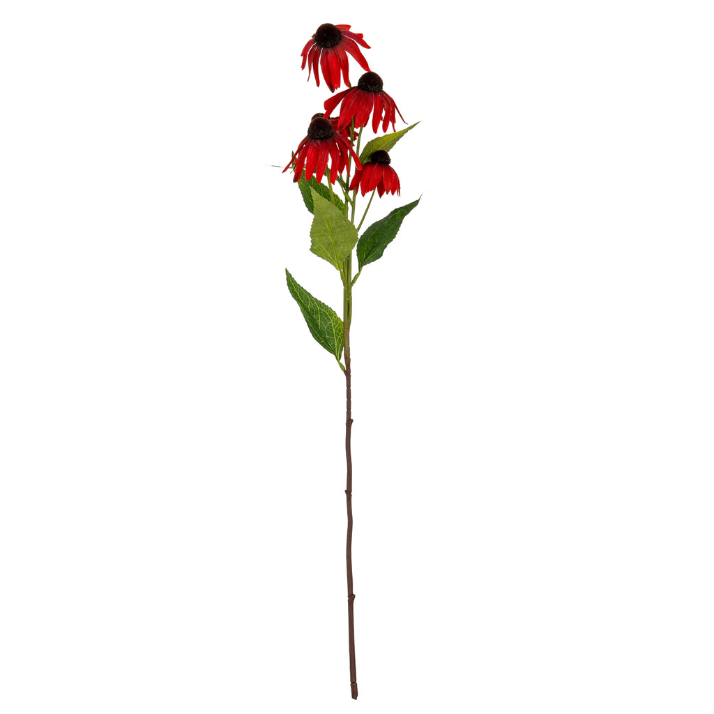 Full view of an artificial flower spray with red blooms and brown cone centres above pointed green leaves and a long brown lower stem, on white.