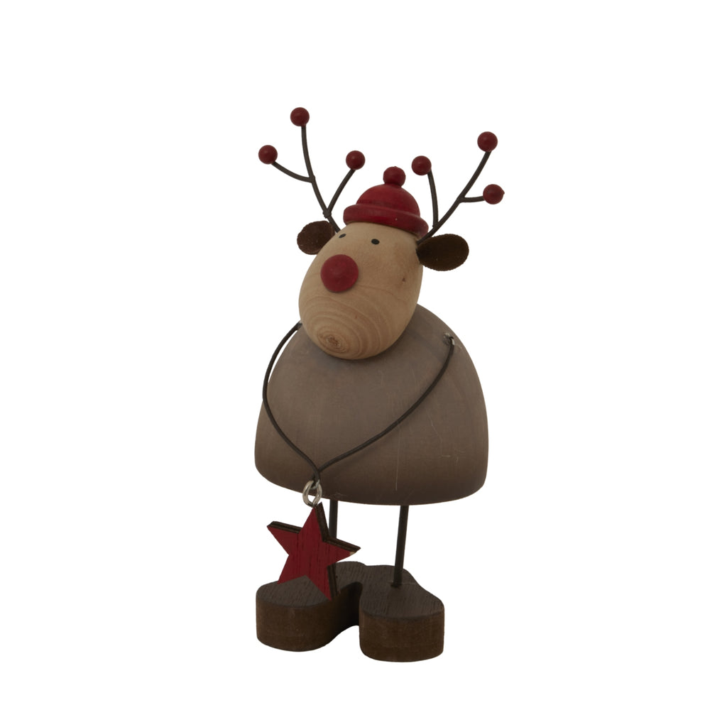 Angled view of the reindeer decoration showing its rounded brown body, slender dark legs and red star hanging in front of the feet.